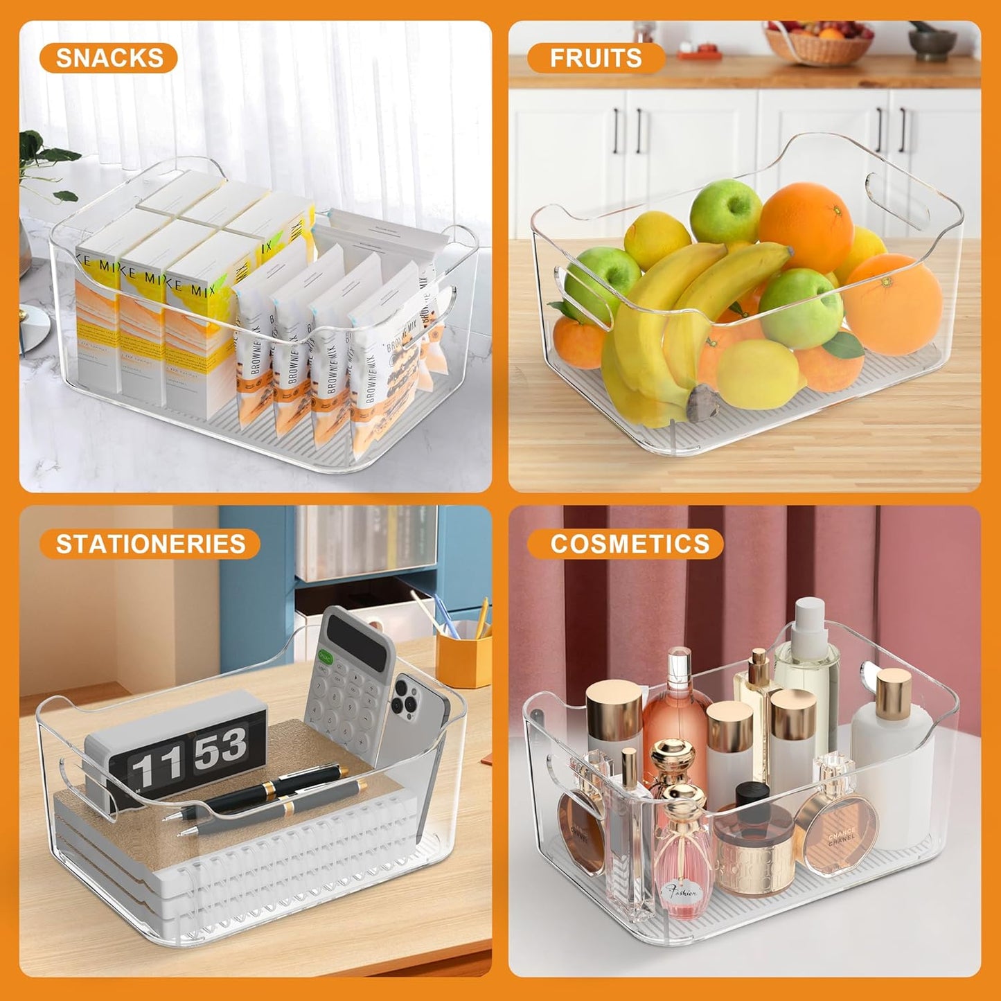 Clear Plastic Storage Bins-Pantry Organizers & Storage Containers-Refrigerator Organizer Bins with Handle - Home Organization Must Haves for Kitchen (Clear 2 Pack-Large)