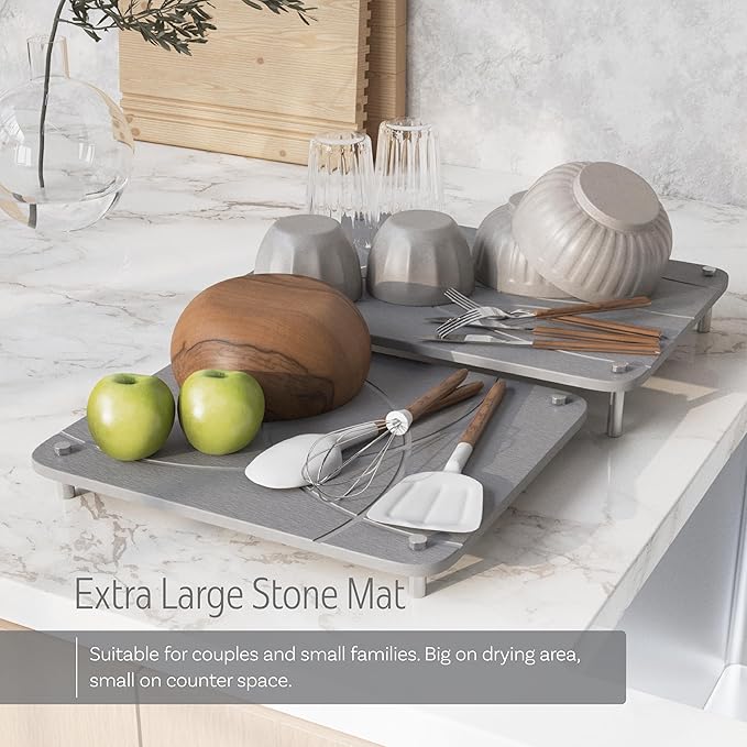 Nested Dish Drying Stone Mat with Bamboo Rack | 2 Pcs Diatomaceous Earth Stone Drying Mats for Kitchen Counter with Non-Slip Feet | Collapsible Large Drying Stone for Dishes (Light Gray)