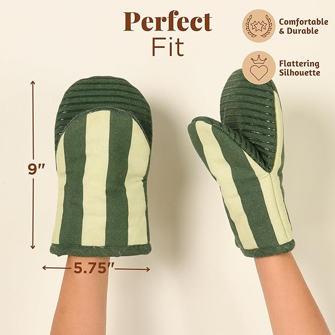 Folkulture Oven Mitts - Set of 2 (5.75"x9") | Oven Mitts with Hanging Loop for Cooking Gifts for Women, Kitchen Decor| 100% Cotton, Silicone Heat Resistant Mini Mitts (Matcha)