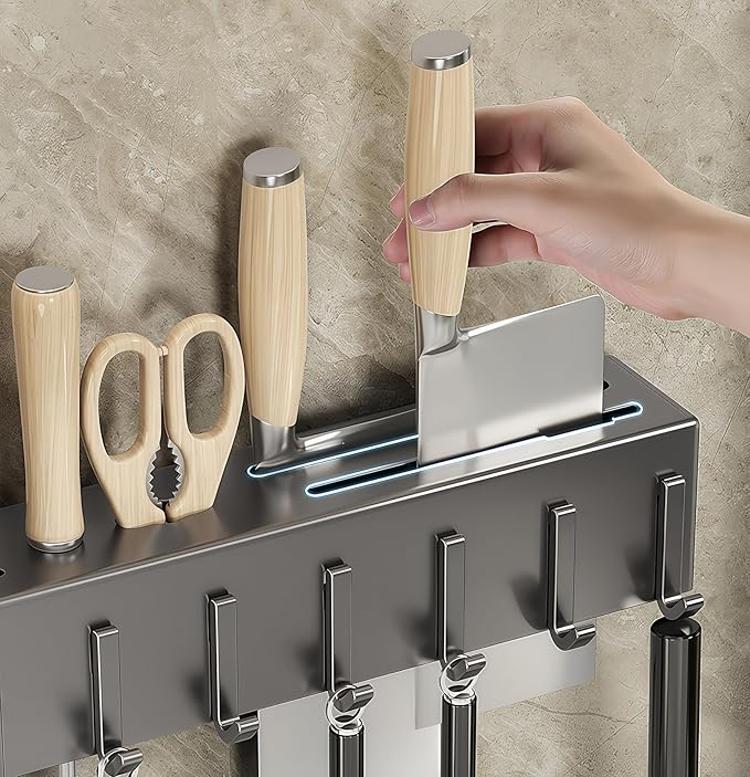 SEIDO Carbon Steel Utensil Rack – Space-Saving 20" L Kitchen Organizer with hooks & hanging bar, Gunmetal Gray Knife Holder, 2 Installation Options (Adhesive/Screwed)