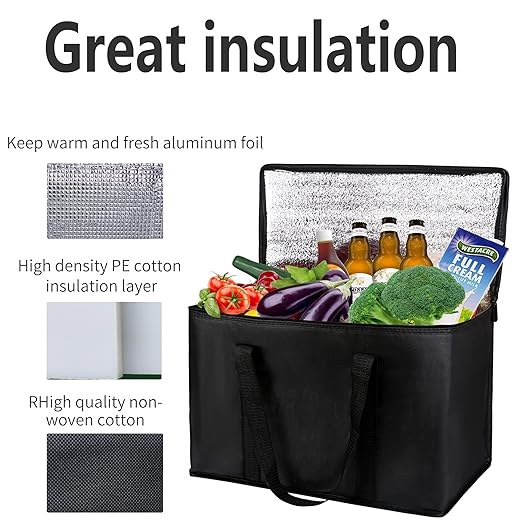 2 pack Additional Bottom Plate Black Insulated Grocery shopping bag , Delivery,pizza,reusable bags, Sturdy zipper,Collapsible,tote,cooler,thermal,Beach,waterproof heavy duty