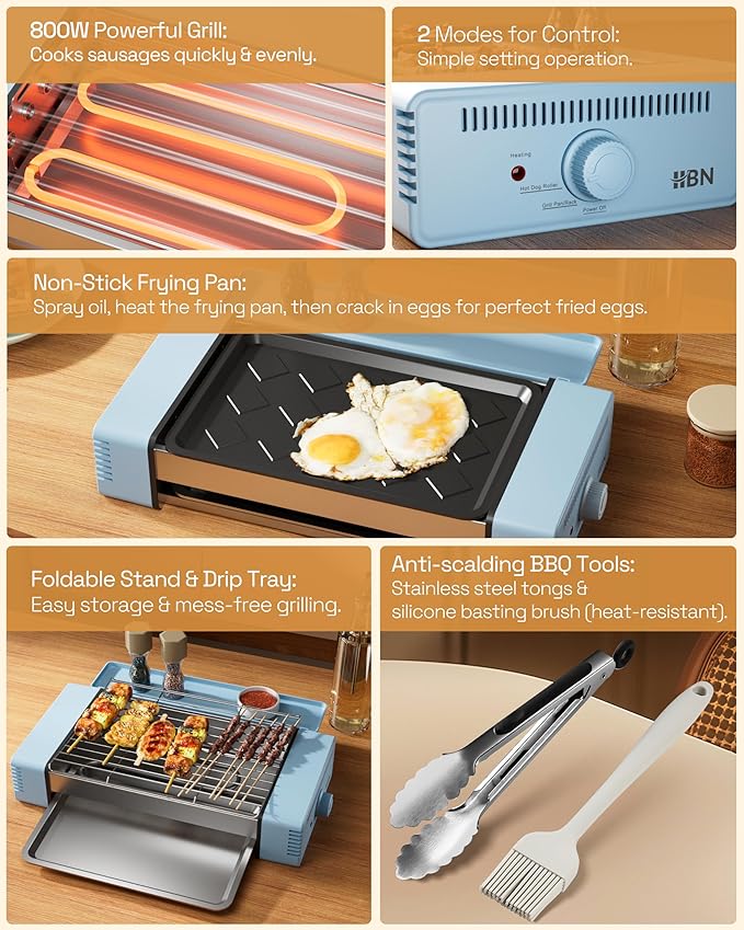 HBN Indoor Grill and Electric Griddle, 3-in-1 Smokeless Indoor Grill with Grill Rack & Nonstick Griddle & Sausage Grill Korean BBQ grill for Kitchen, Dishwasher Safe, 400F (Sky Blue)
