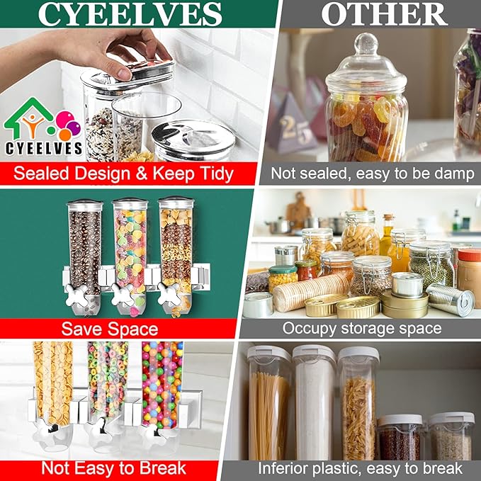 Food Dispenser Wall Mounted Grain Dispenser, Cereal Dispenser with Cup, Dry Food Dispenser Wall Mounted Triple Cereal Dispenser, Candy Dispenser Grain Dispenser for Kitchen Store Nut Coffee Beans 4.5L