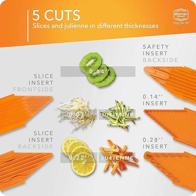 Mandoline Food Slicer Börner V1 (Starter Set) by Reston Lloyd • V-Slicer with 3 Blade Inserts & Food Holder • Made in Germany • Fruit & Vegetable Chopper • Multiple Settings • Color: Orange