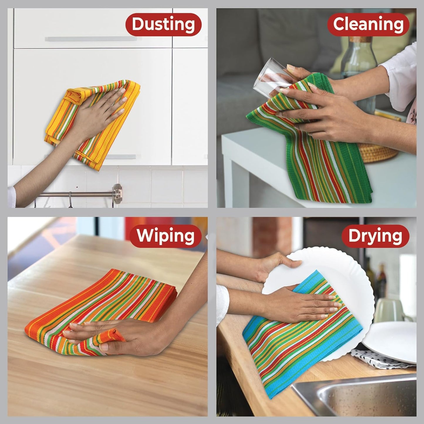 Urban Villa Salsa Stripe Kitchen Towels 100% Cotton Dish Towels for Kitchen Multi Color Highly Absorbent Multi-Purpose Waffle Dish Cloths for Cleaning Soft Hand Bar Towels 20x30 Inches (Set of 4)