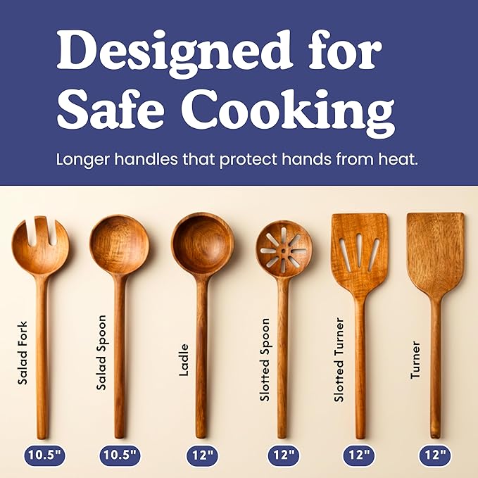 Non-Toxic Cooking Utensils – 6-Piece Kitchen Utensils Set, Glue-Free & One-Piece Wooden Spoons for Cooking, Natural Wooden Utensil Set with Plant-Based Finish, Free of Forever Chemicals