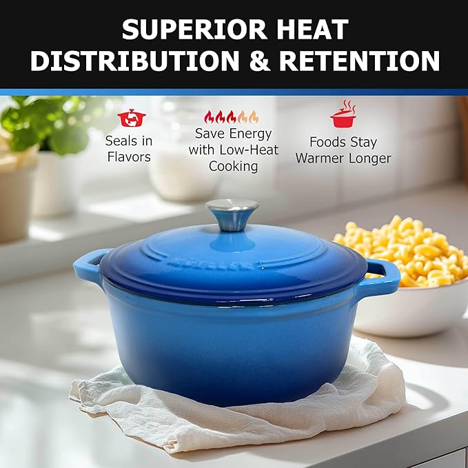 MUELLER HOME 7.5 QT Enameled Cast Iron Dutch Oven, Heavy-Duty Casserole Dish and Braiser Pan with Lid and Stainless Knob, Oven-Safe up to 500° F & Across All Cooktops, Aqua Blue