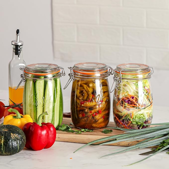 Anwoi Wide Mouth Glass Jars with Airtight Lid 32OZ 4 Pack, Kitchen Storage Large Clear Canister Jars with Hinged Lid with Measurement Marks For Canning,Coffee,Flour,Sugar,Beans