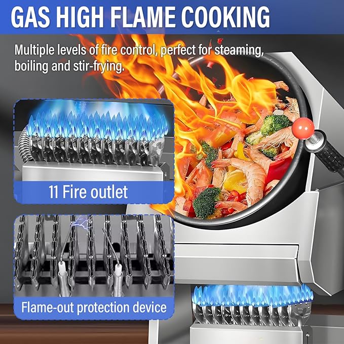 Automatic Stir Fry Machine Countertop Cooker with Water Spray & Drum Design – Natural Gas Smart 360° Cooking Machine Capacity 1.5L-9.3L,110V 100W