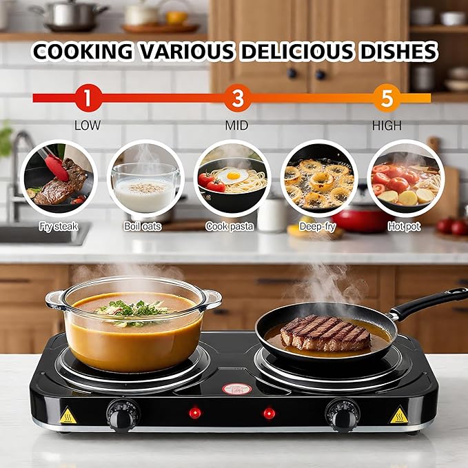 2200W Electric Hot Plate, Electric Cooktop with 2 Burner, Cast Iron Portable Burner Stove, Portable Electric Countertop Burner, Compact Double Burners for Cooking(white)
