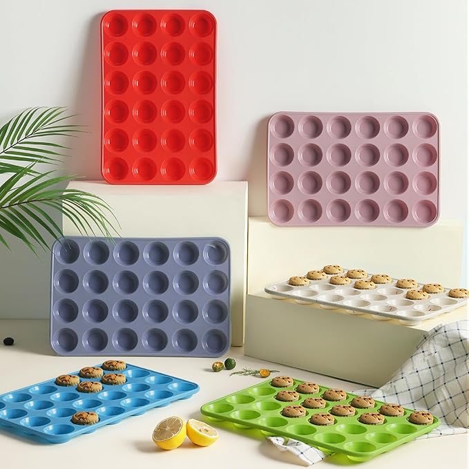 Socisen 2 Pack 24 Cups Silicone Mini Muffin Pan with Metal Reinforced Frame Silicone Molds Cupcake Cake Baking Cheesecake Pans Cookie Baking Chocoflan Cupcake Mold Mini Bundt Cake Pan Women Gift