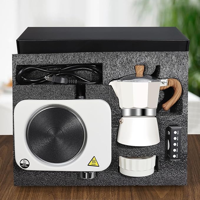 4-in-1 Moka Pot Espresso Set with Electric Stove 3 Cup Aluminum Stovetop Coffee Maker Percolator Italian Classic Mocha Coffee Machine with Powder Dispenser Filter Paper Portable Camping White