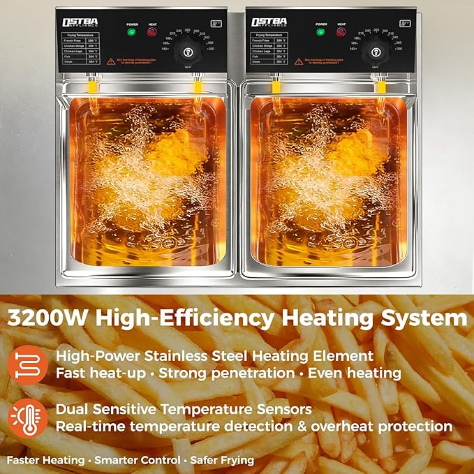 OSTBA Electric Deep Fryer with Basket, 20.7QT Large Commercial Deep Fryer, 3200W Stainless Steel Countertop Fryer with Adjustable Temperature 140–390℉, Removable Basket & Oil Tank