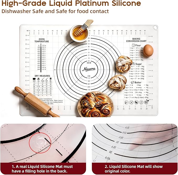 Extra Large Silicone Pastry Mat 24" - Non-Slip Liquid Silicone Baking Sheet with Measurements Anti-Spill Edge - Food Grade Dough Rolling Mat for Kneading Pie Crust, Bottom Marker, Transparent