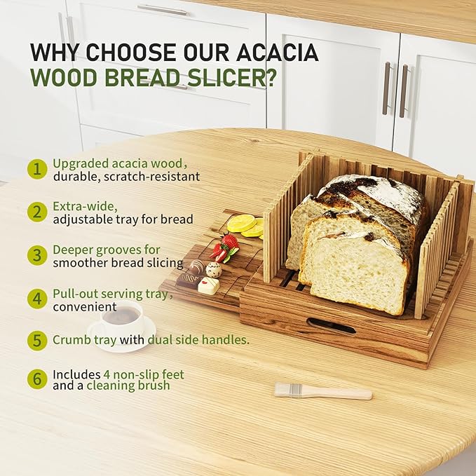 Acacia Wood Bread Slicer for Homemade Bread and Sourdough, Adjustable Width up to 10.4", 2-in-1 Bread Cutter with Pull-Out Serving Tray, Large Wide Capacity Bread Making Tool
