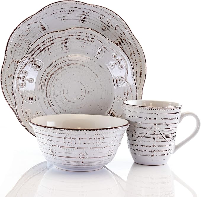 Elama Rustic Birch 16 Piece Embossed Scalloped Stoneware Round Dinnerware Set in White with Brown Accents