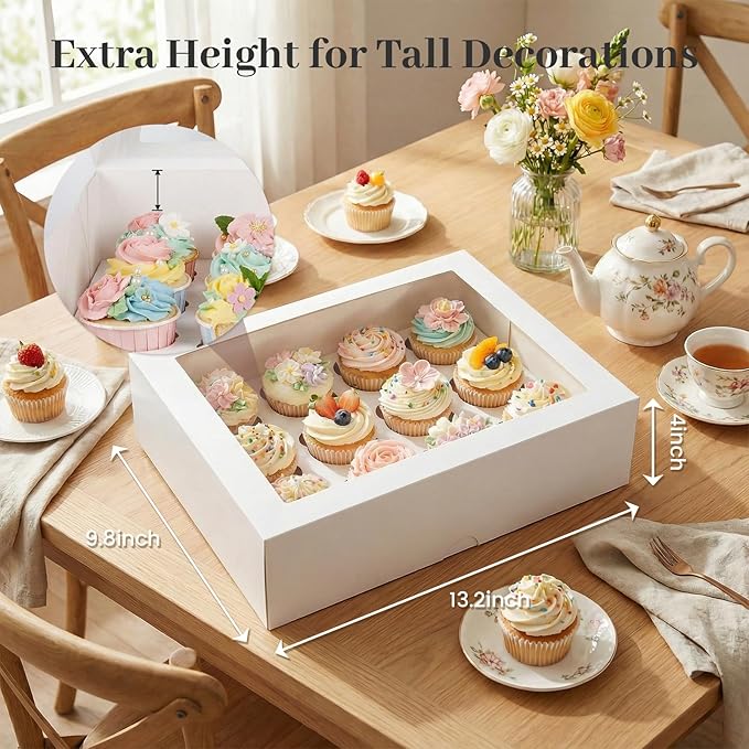 VGOODALL 12 Count Cupcake Boxes, 6PCS Cupcake Container with Window Boxes Holding 72 Pastry Box for Birthday Holiday Party Bakery Supplies 13.2"x9.8"x4"