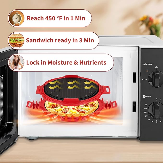 9.8" Microwave Sandwiches Maker,Double Side Grill Pan with Heat-Resistant Handles, Non-Stick Crisper Tray,Dishwasher Safe,School Dorm/Home/Office
