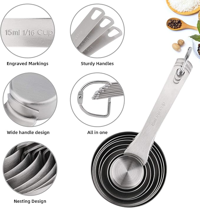 Measuring Cups and Spoons Set, 8 Stainless Steel Measuring Cups and 9 Measuring Spoons and 1 Measurer Ingredient Leveler and 1Magnetic Conversion Chart and 2 Rings