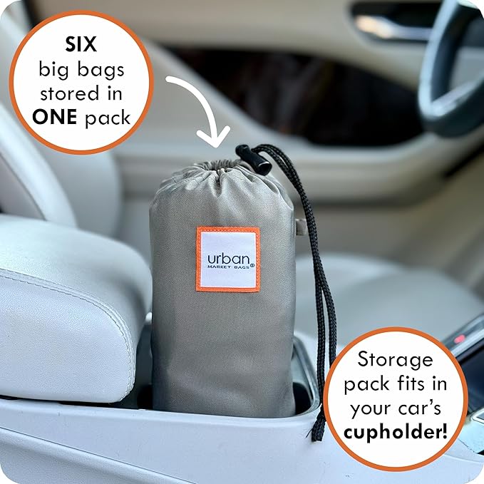 Urban Market Bags - Meadow - 6 Foldable Reusable Shopping Bags in 1 Compact Pouch, Luxury Quality, Recycled Fabric, Holds 50+ lbs, Machine Washable, Pouch Fits in Cupholder, Designed in California