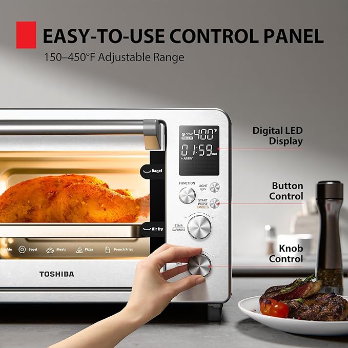 TOSHIBA ChefFry Air Fryer Toaster Oven Combo with Toast, Bake, Broil, Pizza & Dehydrate, 26.4-Quart Capacity, Stainless Steel
