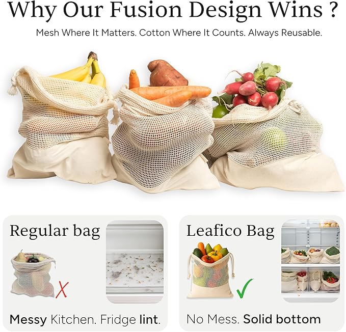 LEAFICO Reusable Produce Bags – 100% Cotton Mesh & Solid Hybrid (Mixed Sizes 8 Pcs – S/M/L/XL) – Multi-Use Grocery & Storage Bags for Fruit, Vegetables, Toys, Clothes, Travel – Washable, Zero Waste