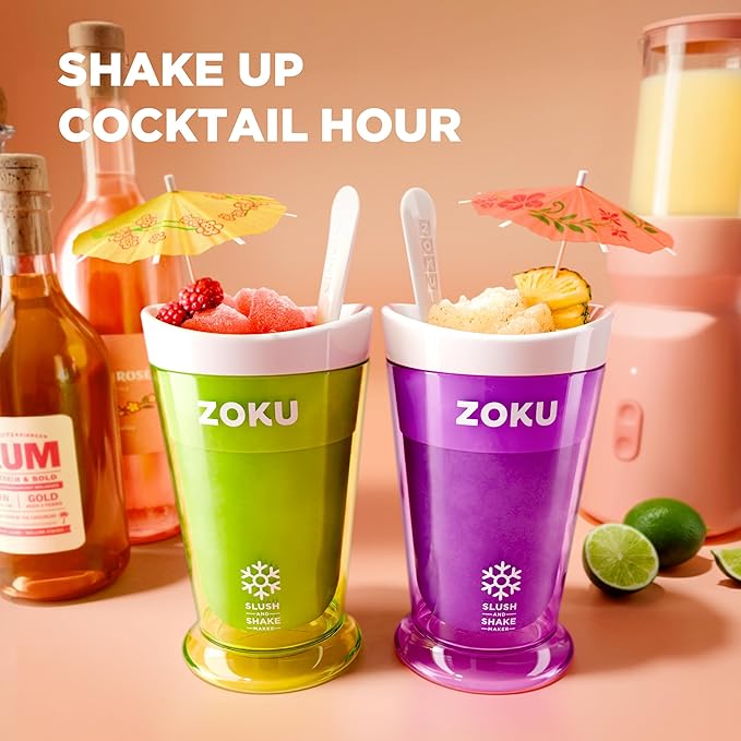 ZOKU Original Slush and Shake Maker, Compact Make and Serve Cup with Freezer Core Creates Single-Serving Smoothies, Slushies and Milkshakes in Minutes, BPA-Free, Green/Orange Set of 2