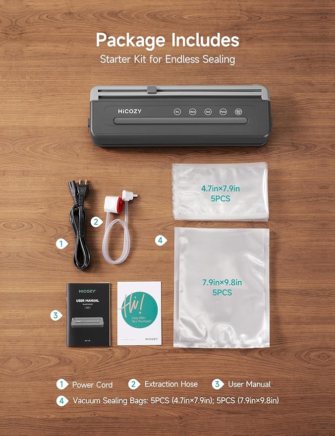 HiCOZY Compact Vacuum Sealer for Food, 5-in-1 Functions Vacuum Sealer with Double Heat Seal, Built-in Cutter, 10 BPA-Free Bags, Gray