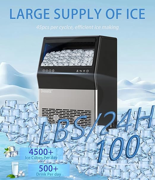 Dessiz Commercial Ice Maker Machine, 100Lbs/24H Freestanding Undercounter Ice Maker with 45pcs Storage Capacity, Self-Cleaning Ice Machine for Home, Bar, Restaurant, Office, Outdoor
