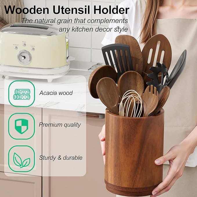 ZUJJAFY Utensil Holder, 360° Rotating Acacia Wood Kitchen Utensil Holder for Counter, 7.2" Large Cooking Utensil Crock for Countertop, Wooden Utensils Organizer for Cooking Spatula Storage