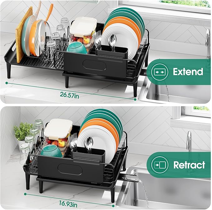 Large Extendable Dish Drying Rack, 16.93" to 26.57" Expandable Dish Rack for Kithen Counter, with Multifunctional Drainboard, Fits Any Sink, Heavy-Duty Steel Plate Drainer for Countertop Organization