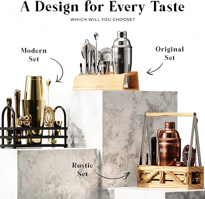 BARE BARREL® Mixology Bartender Kit Bar Set | 14-Piece Cocktail Shaker Set | Martini Barware Mixing Tools for Home Bartending | 35 Recipe Cards | Gift Set (28oz Boston Shaker, Silver/Natural)