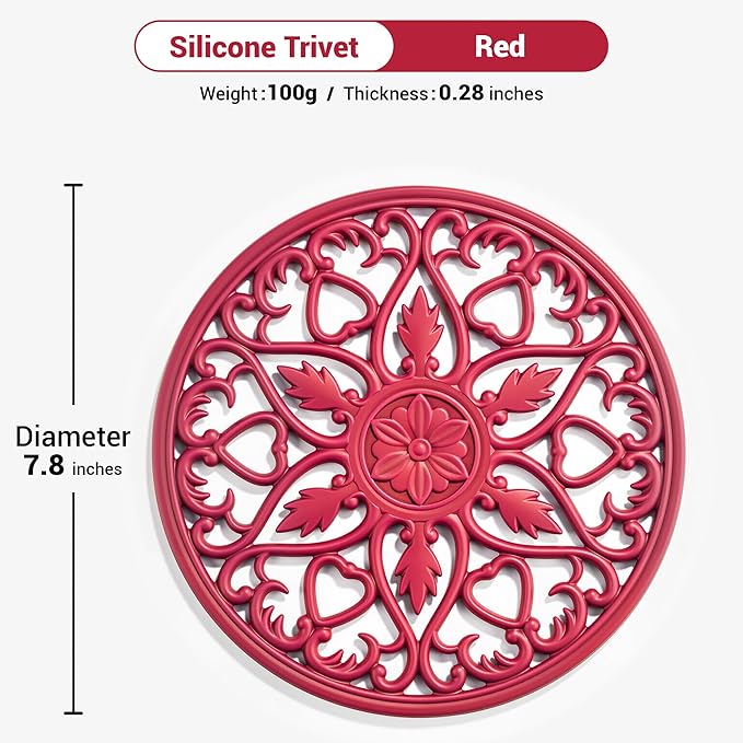 SMARTAKE 6 Set Silicone Trivets, Multi-Use Carved Trivet, Insulated Non-Slip Durable Kitchen Mats, Flexible Modern Kitchen Table Mat, for Hot Dishes, Pots, Dining Countertop, Red