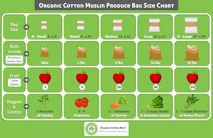 Reusable Bulk Bin Bags for Bulk Foods - Reusable Cloth Kitchen Bags for Dry Goods - 100% Organic Cotton Muslin Sacks for Produce, Home Storage and Toys (3 Large, 3 X-Large)