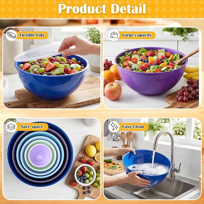 LemonRoad 6 Pcs Plastic Mixing Bowl Set with Lids Colorful Serving Bowl Nesting Storage Bowls for Kitchen, Baking, Prepping, Cooking and Serving Food, Dishwasher & Microwave Safe (Dark Blue)