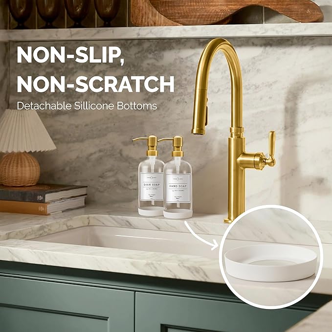 Vine Creations Glass Soap Dispenser, 2 Pack Kitchen Soap Dispenser Set with Stainless Steel Pump, 16 oz Dish Soap and Hand Soap Dispensers for Bathroom with Waterproof Labels (Clear)