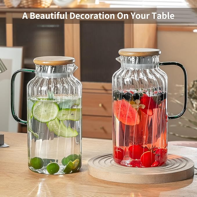 Buaic 2 PACK Glass Pitcher with Lid, 68 oz/ 2 Liter Classic Vertical Stripes Water Pitcher with Bamboo Lids,Glass Water Carafe for Cold Brew, Coffee, Lemonade, Iced Sun Tea,Beverage,Milk