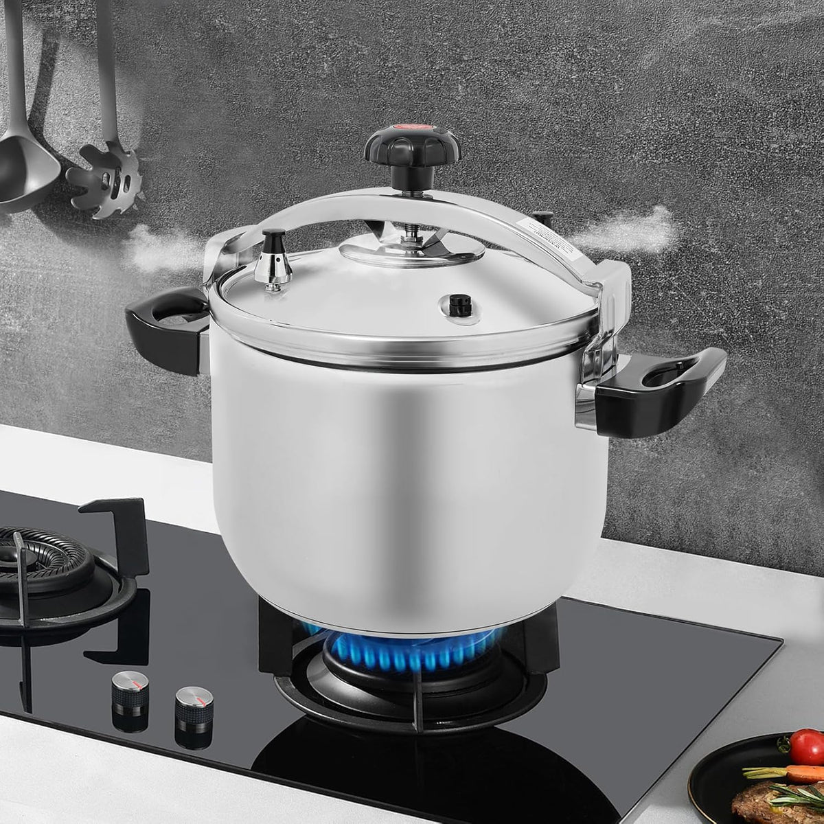 27.5 Quart Pressure Cooker Stainless Steel Pressure Canner, Large Capacity, Commercial Pressure Cooker Clamp On Type, Double Valves for Family or Commercial Use