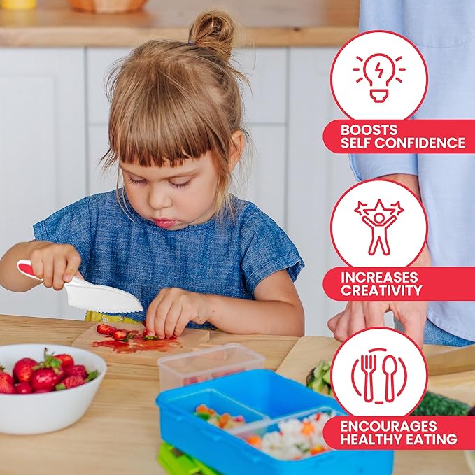 Zulay Kitchen 3-Piece Kids Knife Set for Real Cooking & Baking - Toddler Knives for Cutting Fruits, Veggies, & Cake - Children’s Montessori Knive with Serrated Edges - Safe & Fun Lettuce Knife (Red)