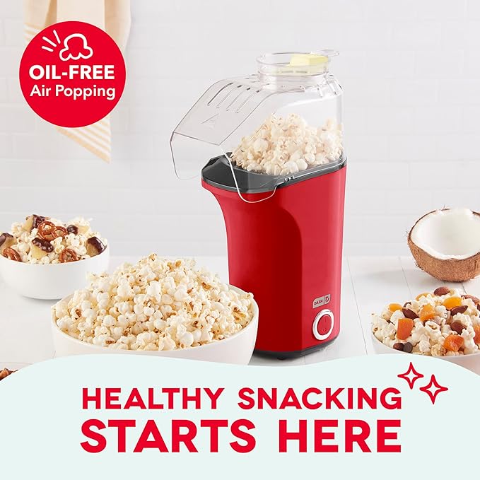 DASH Fresh Pop Popcorn Maker - Oil-Free, Air Popcorn Popper - With Measuring Cup & Recipe Guide - Perfect for Movie Nights - 16 Cups, Red