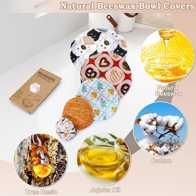 5-Size Reusable Beeswax Bowl Covers for Bread Proofing, Cotton Cloth Flexible Beeswax Wraps for Food Storage(Toast Cat)