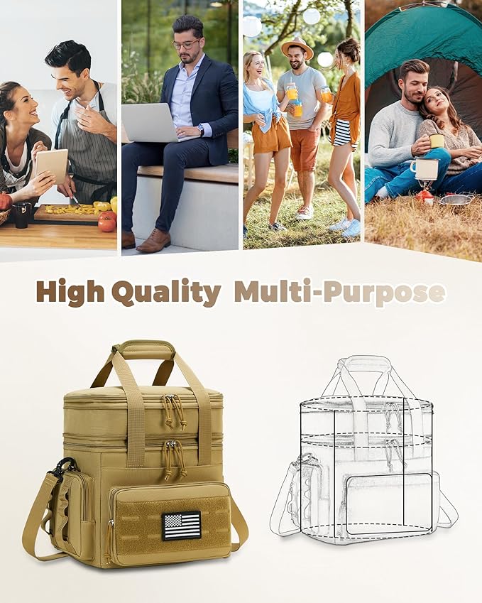 holuxer Tactical Lunch Bag & Lunch Box for Men - Large Double Deck Expandable Insulated Soft Adult Lunchbox for Work - Cooler Bag for Beach, Picnic, Camping,Outdoor，Travel (Brown,16L)