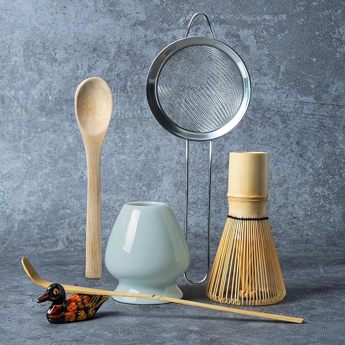 Matcha Whisk Set, Matcha Making Kit Whisk (Chasen Holder), Ceramic Whisk Holder (Light Blue), Bamboo Scoop, Powder Starter Sifter, Spoon Japanese Tea Tools For Ceremony Gift