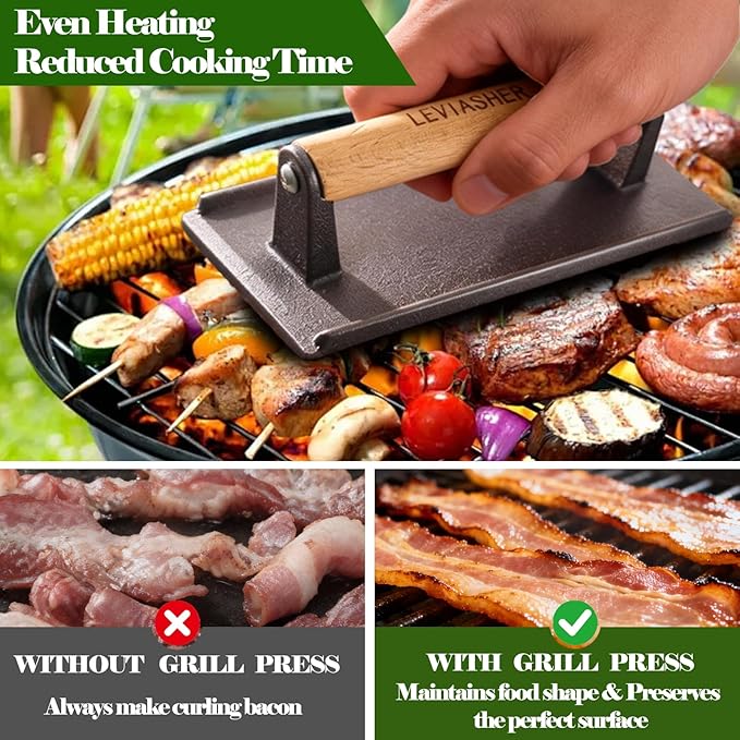 2.2 lb Handheld Heavy Duty Cast Iron Grill Press, 7.8X3.9 inch Rectangle Burger Press with Wood Handle for Blackstone, Griddle, Chef, Camp, Panini, Vegetable, Bacon, Sandwich, BBQ, 2 Pack