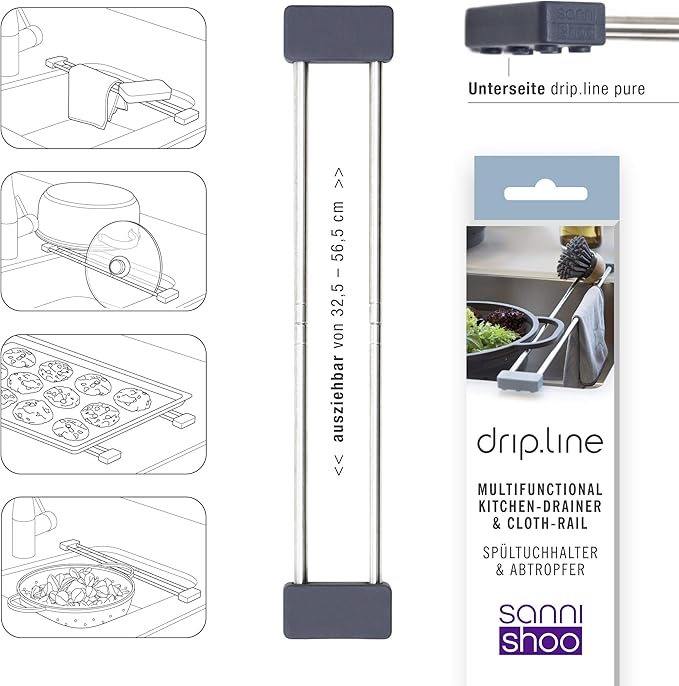 Sanni Shoo drip.line Pure - Versatile and Adjustable Kitchen Rack Drip Tray for Dishcloths, Brushes, and Bottles - Hygienic Storage - Made ofStainless Steel and Silicone