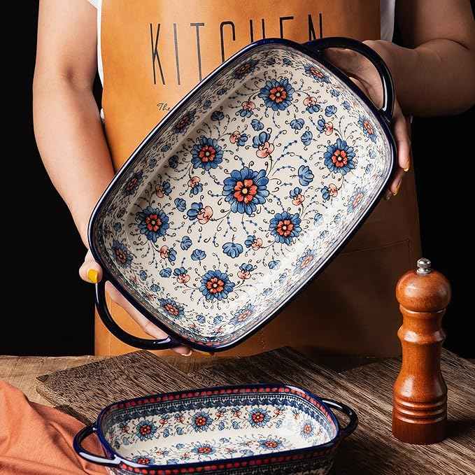 Baking Dish Ceramic Baking Pan Blue Casserole Dish Rectangular Baking Set 2pcs Bakeware Sets Single Serving Size Lasagna Pan Baking Dishes for oven (Blue plasma grass)