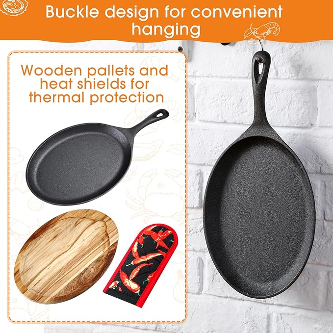 Lallisa 12 Sets Cast Iron Fajita Plate Set Fajita Plate Pan with Wooden Tray Anti Scald Protection Hot Mitt Cast Iron Skillet Set for Home Barbecue Kitchen Party Restaurant Catering Service