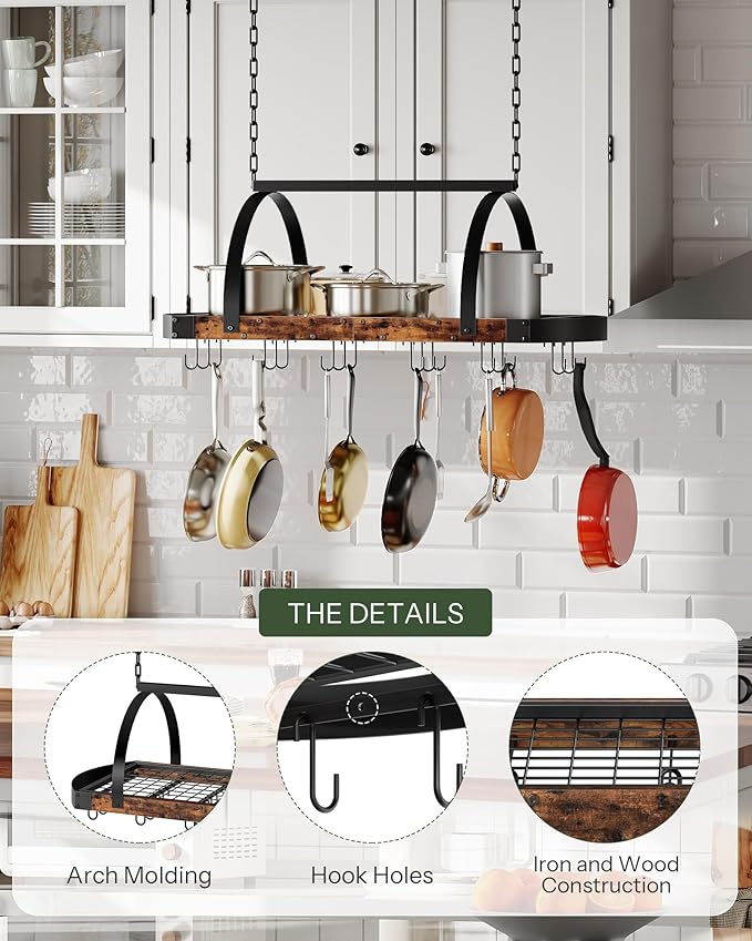 CHOEZON Hanging Pot Rack, Pot Hanger for Kitchen, Ceiling Mounted Pot Holder, Cookware Organizer with 18 S-Shaped Hooks, for Pot, Pan Storage, Space-Saving, Rustic Brown and Black TPR18BF