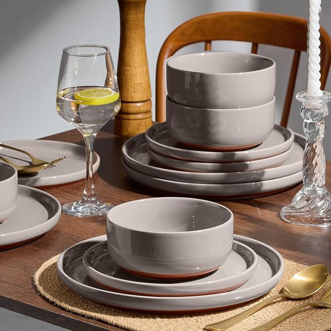 E-far 12-Piece Ceramic Dinnerware Sets, Plates and Bowls Sets for 4, Stoneware Dishware Dishes Set with Terracotta Base, Chip & Scratch Resistant, Microwave & Dishwasher Safe, Speckled Khaki