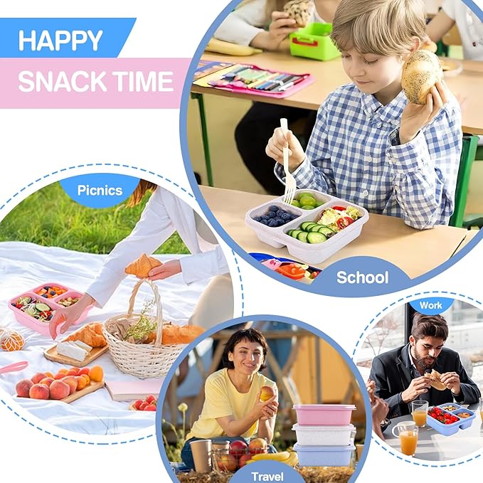 Rinwoc Bento Box [Portion Size], 3 Pack Snack Containers with 3 Compartments for Meal Prep & On-the-Go [School, Travel], Lunchable Container Reusable and BPA-Free